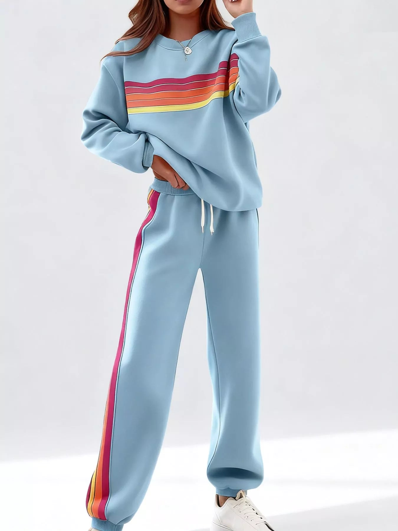 Hazel Blues® |  Striped Round Neck Sweatshirt and Pants Set