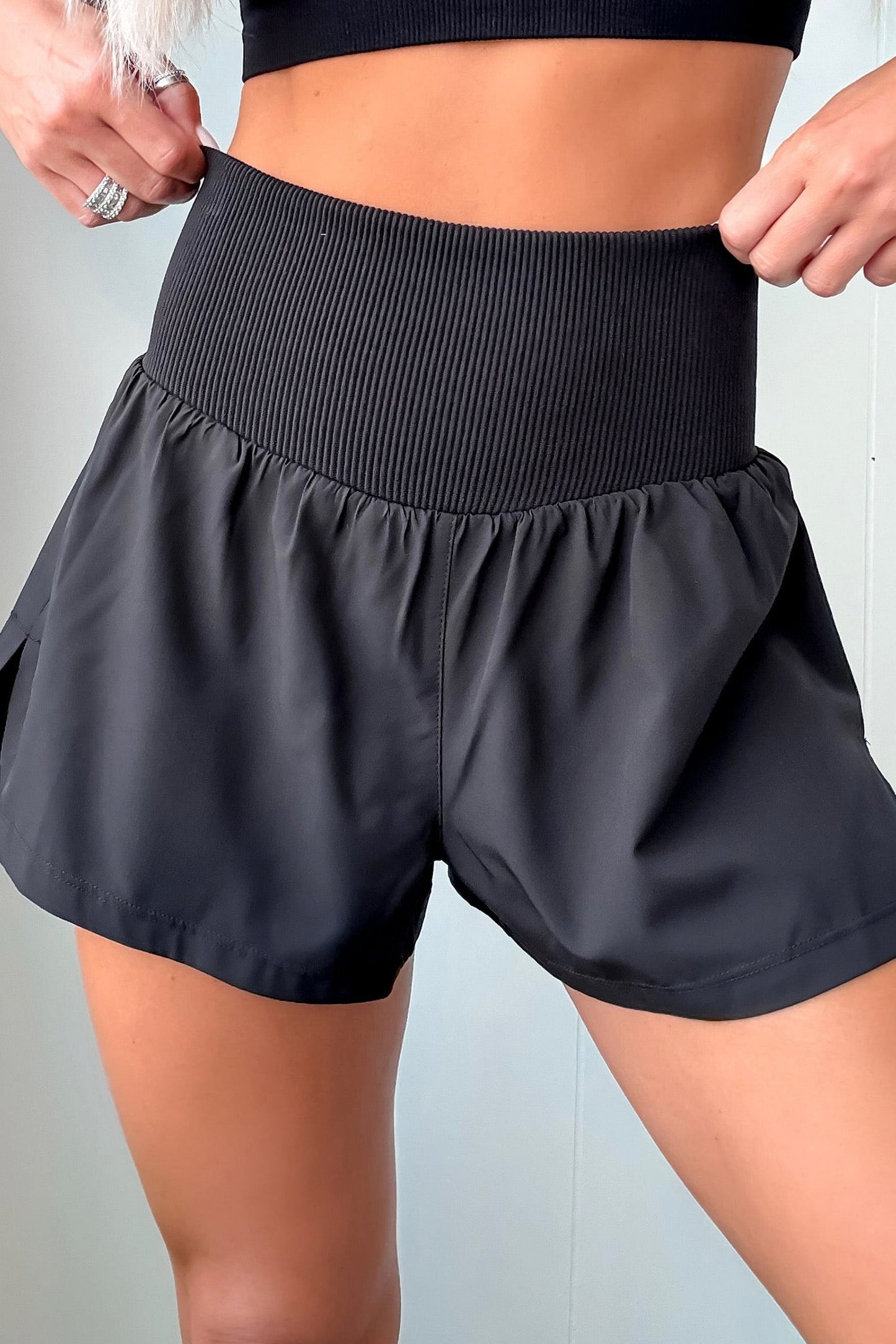 Hazel Blues® |  White Solid Color Ribbed Patchwork High Waist Athletic Shorts
