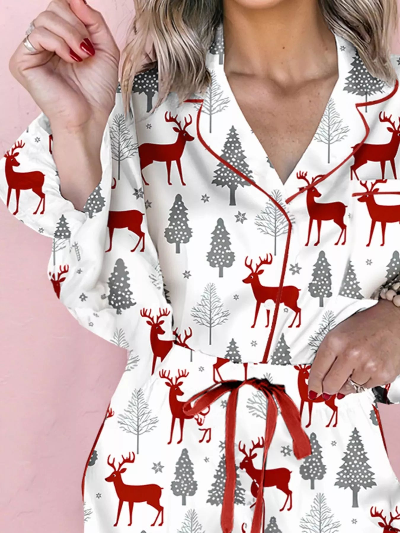 Hazel Blues® |  Christmas Fashion Print Velvet Trim Top and Shorts Pajama 2pcs Set