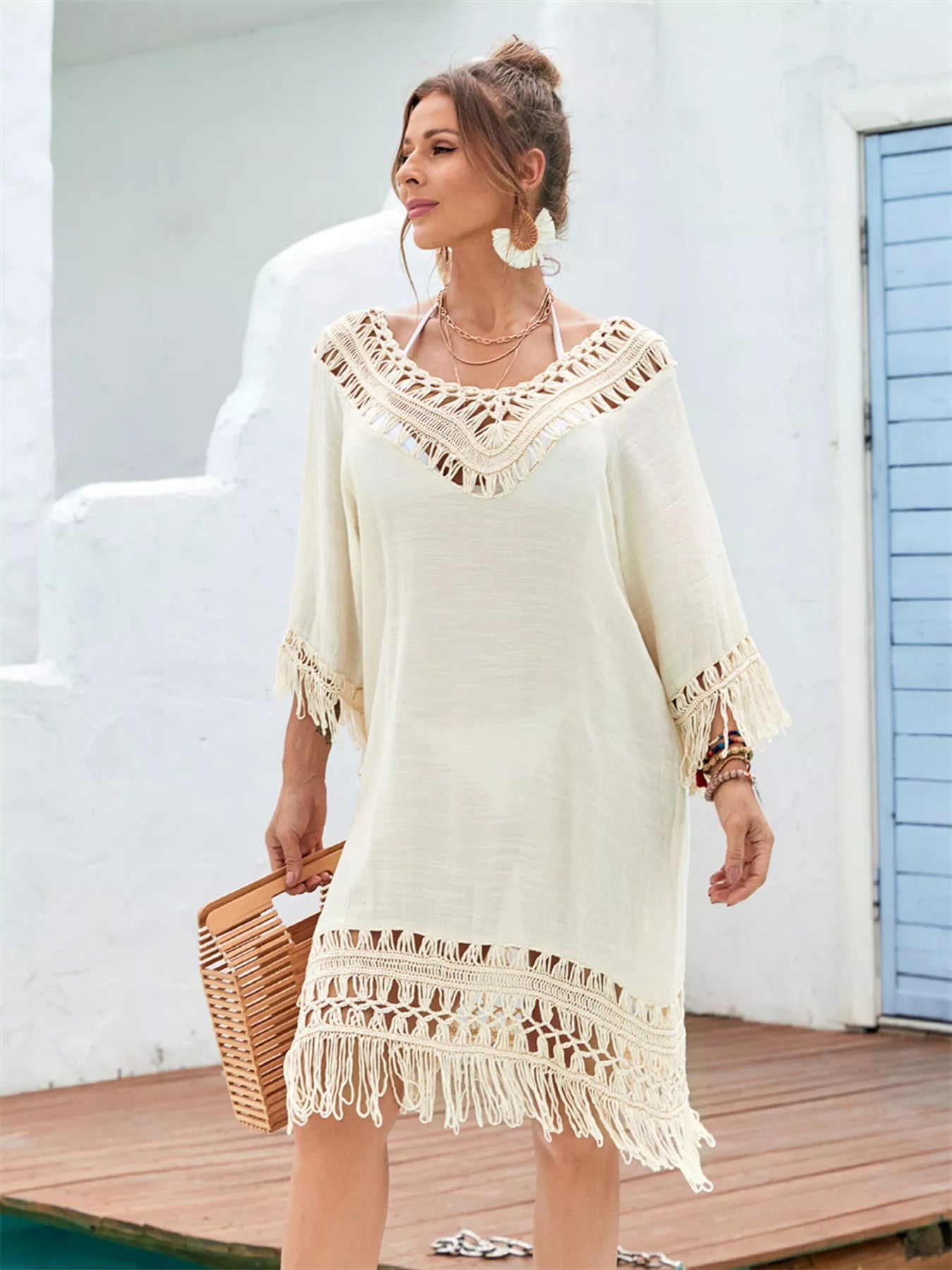 Hazel Blues® | Fringe Crochet V-Neck Cover-Up Dress