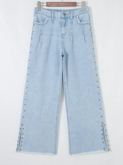 Hazel Blues® |  Studded Side Slit Leg Frayed Pocketed Wide Leg Jeans