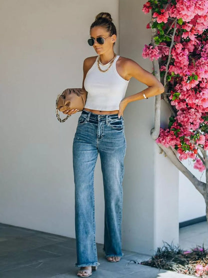 Hazel Blues® |  Frayed Hem High-Waisted Wide Leg Jeans