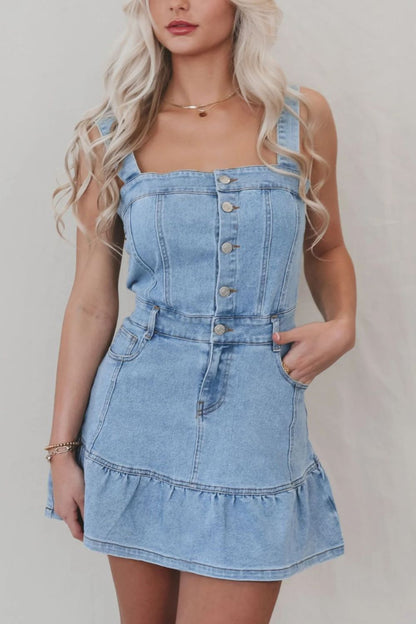Hazel Blues® |  Ruffled Hem Button Front Square Neck Denim Dress
