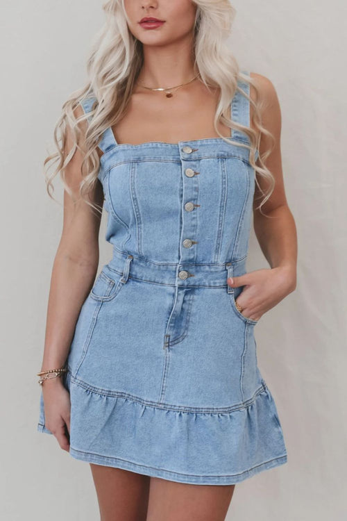 Hazel Blues® |  Ruffled Hem Button Front Square Neck Denim Dress