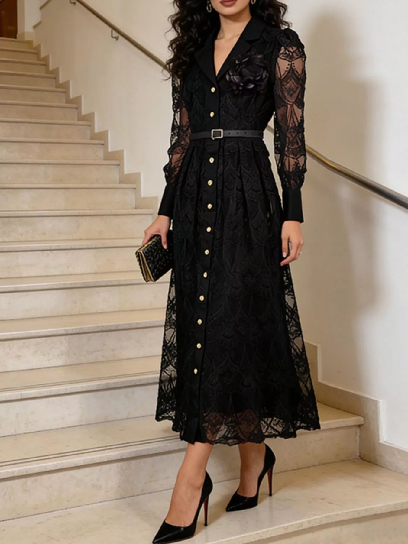 Hazel Blues® |  Lace Button Front Midi Dress