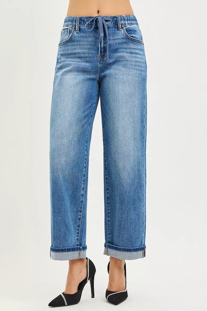 Hazel Blues® |  RISEN Elastic Band Slouch Ankle Boyfriend Cuffed Hem Jeans