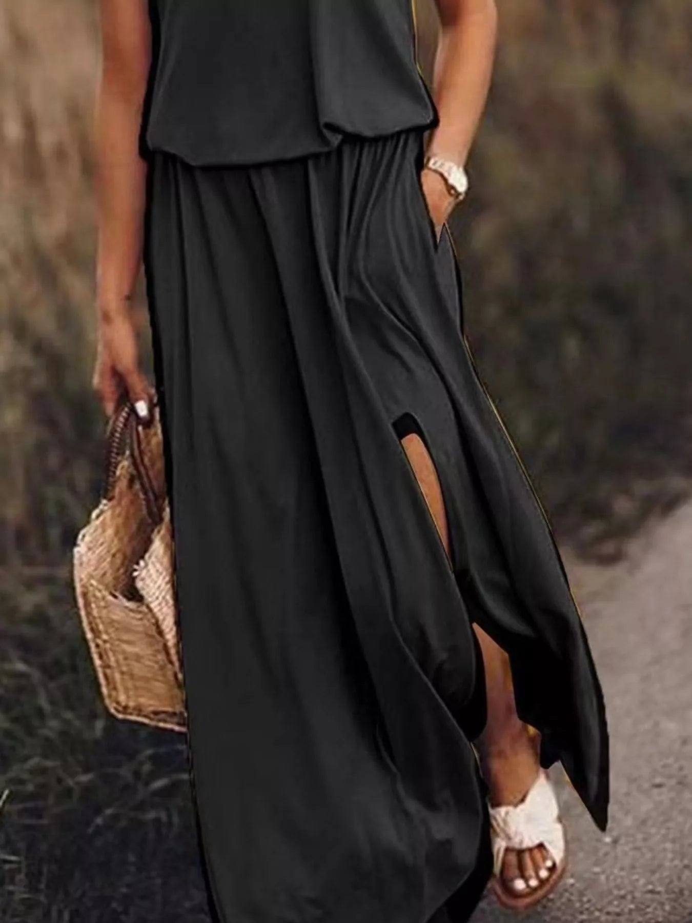 Hazel Blues® | Round Neck Sleeveless Slit Maxi Dress