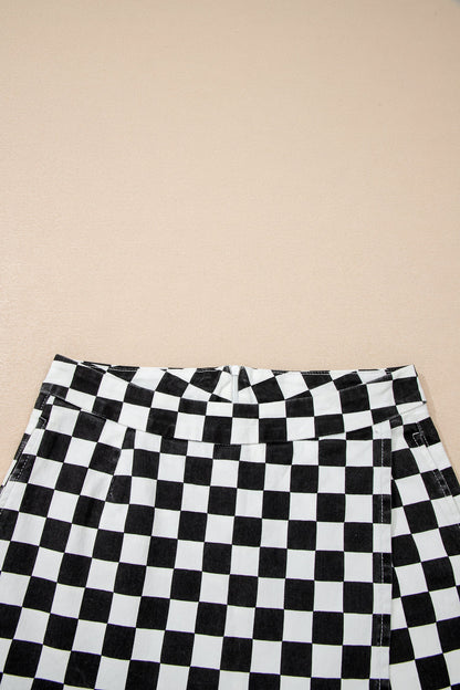 Hazel Blues® |  Black Checkered Print Overlap Denim Shorts
