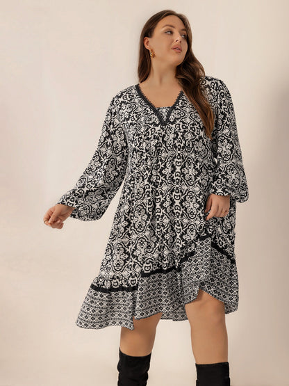 Hazel Blues® | Lace Detail Printed Balloon Sleeve Dress