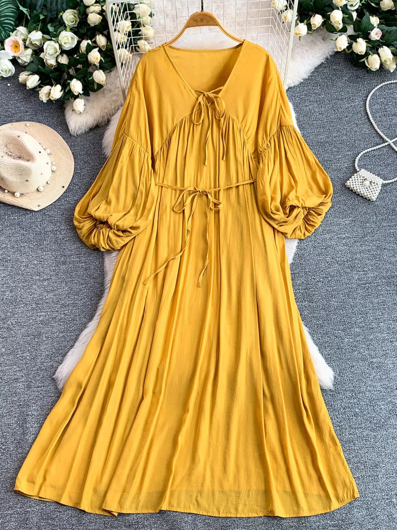 Hazel Blues® |  Balloon Sleeve Tie-Waist Dress