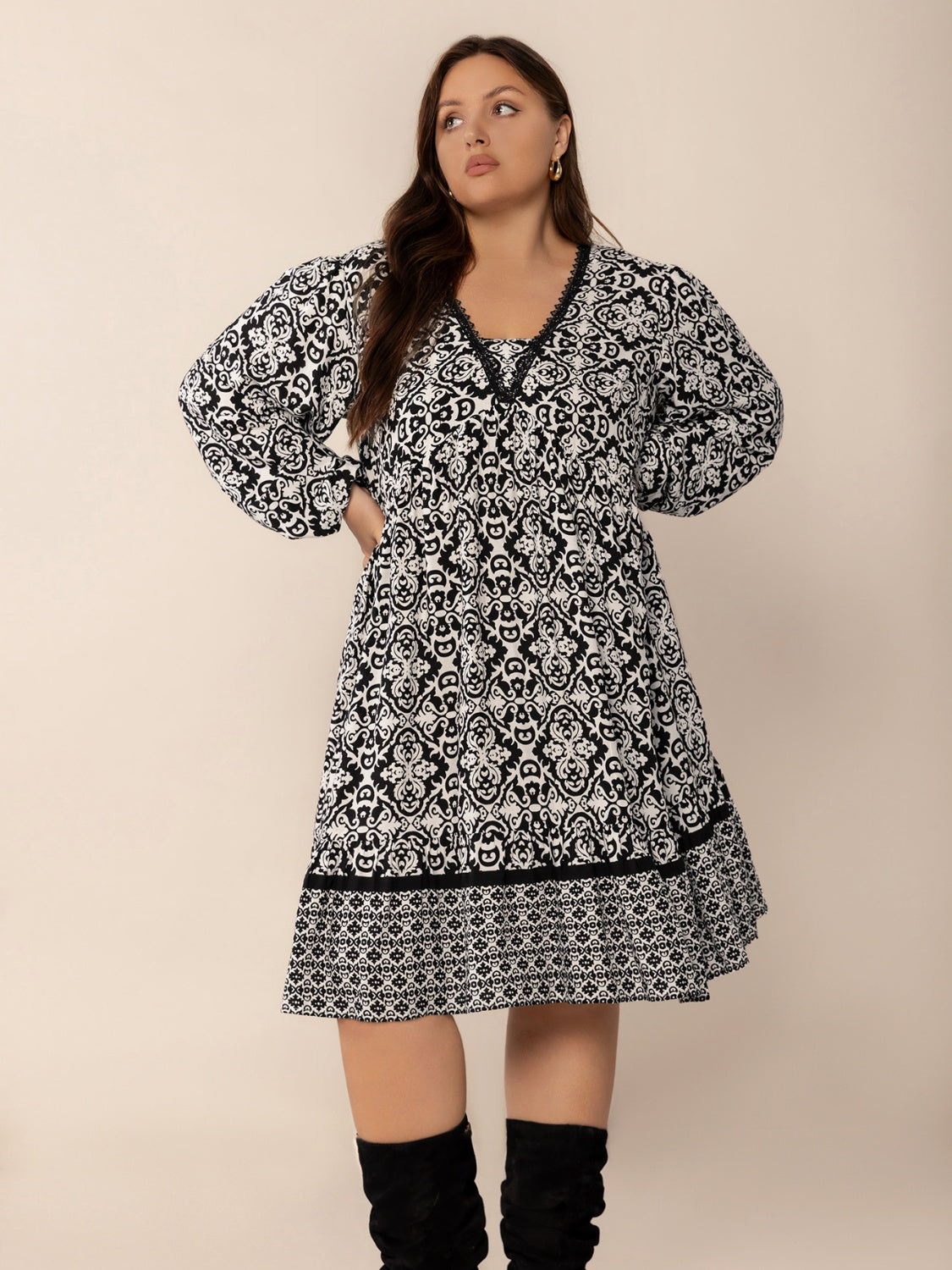 Hazel Blues® | Lace Detail Printed Balloon Sleeve Dress