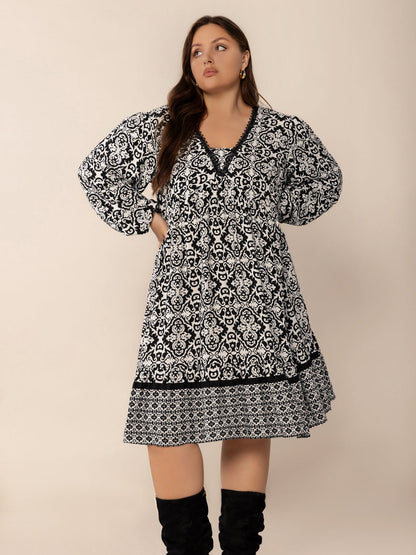 Hazel Blues® | Lace Detail Printed Balloon Sleeve Dress
