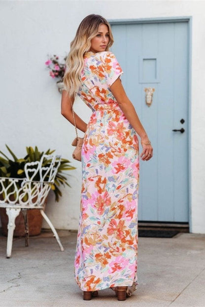 Hazel Blues® |  Printed Surplice Short Sleeve Tie Waist Maxi Dress