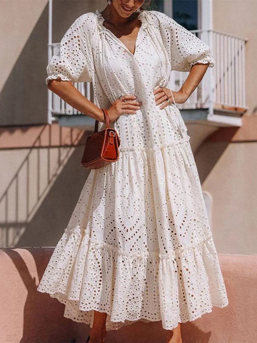 Hazel Blues® |  Tie Neck Half Sleeve Tiered Dress