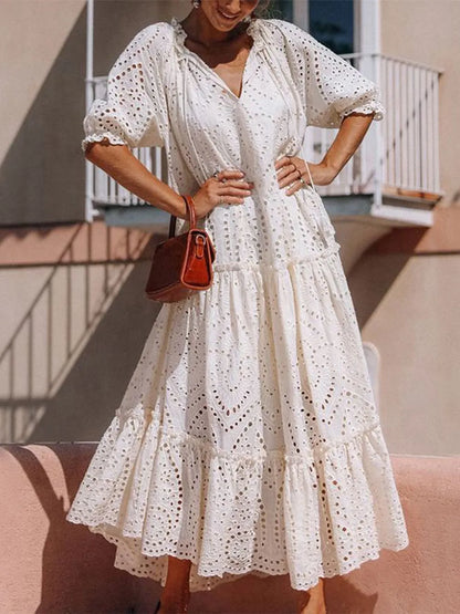 Hazel Blues® |  Tie Neck Half Sleeve Tiered Dress