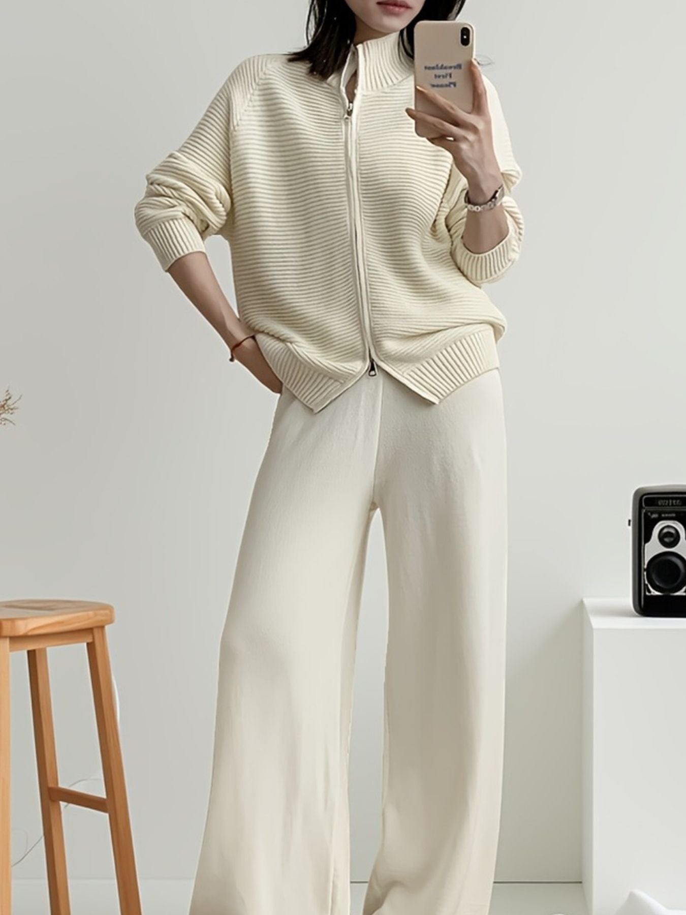 Hazel Blues® |  Casual Knit Zip-Up Cardigan and Wide-Leg Pants Set