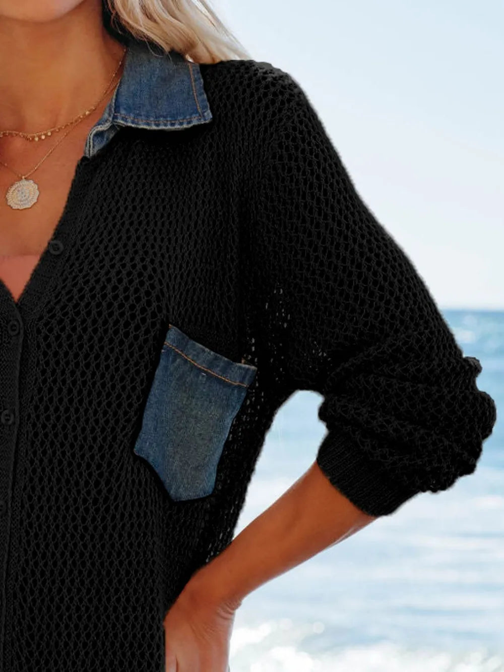 Hazel Blues® | Side Slit Openwork Collared Neck Cover-Up