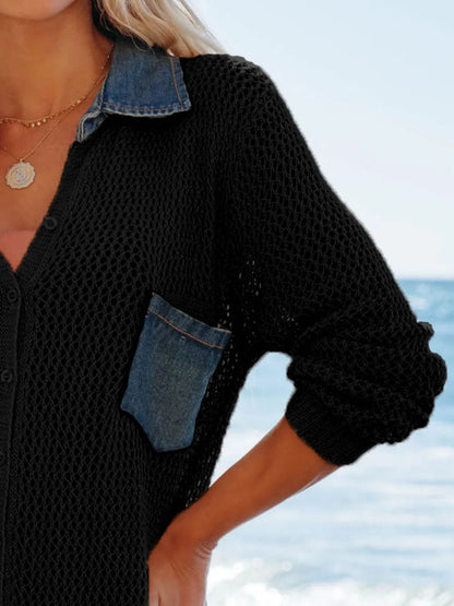 Hazel Blues® | Side Slit Openwork Collared Neck Cover-Up