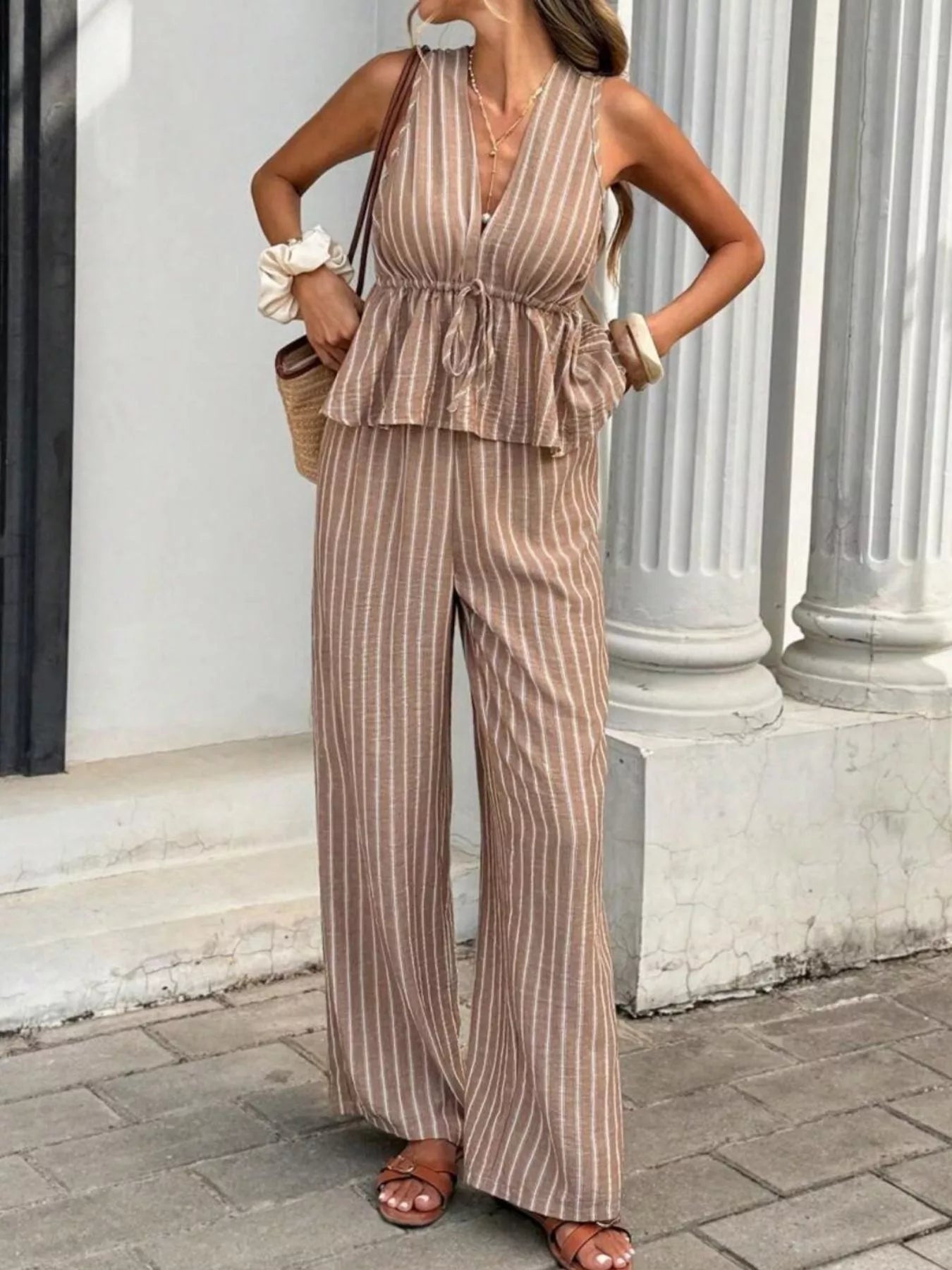 Hazel Blues® |  Striped Sleeveless Top and Wide Leg Pants Set