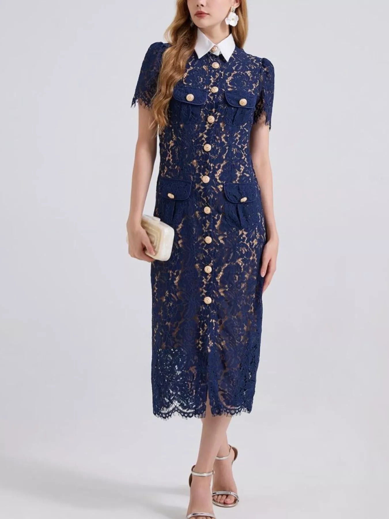 Hazel Blues® |  Lace Button-Down Midi Dress