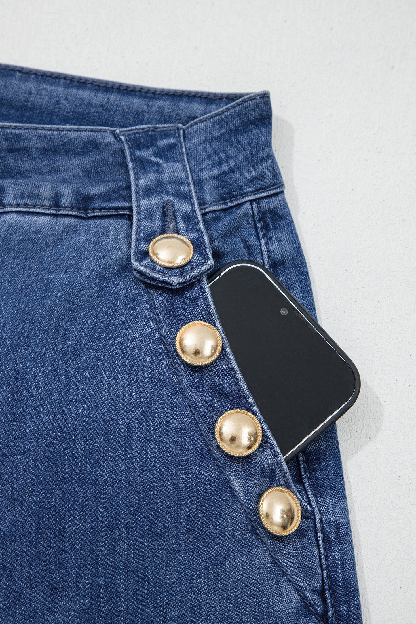 Hazel Blues® |  Ashleigh Blue Golden Button Detail Rolled Edge Flare Leg Jeans