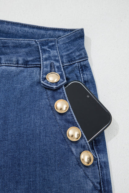 Hazel Blues® |  Ashleigh Blue Golden Button Detail Rolled Edge Flare Leg Jeans