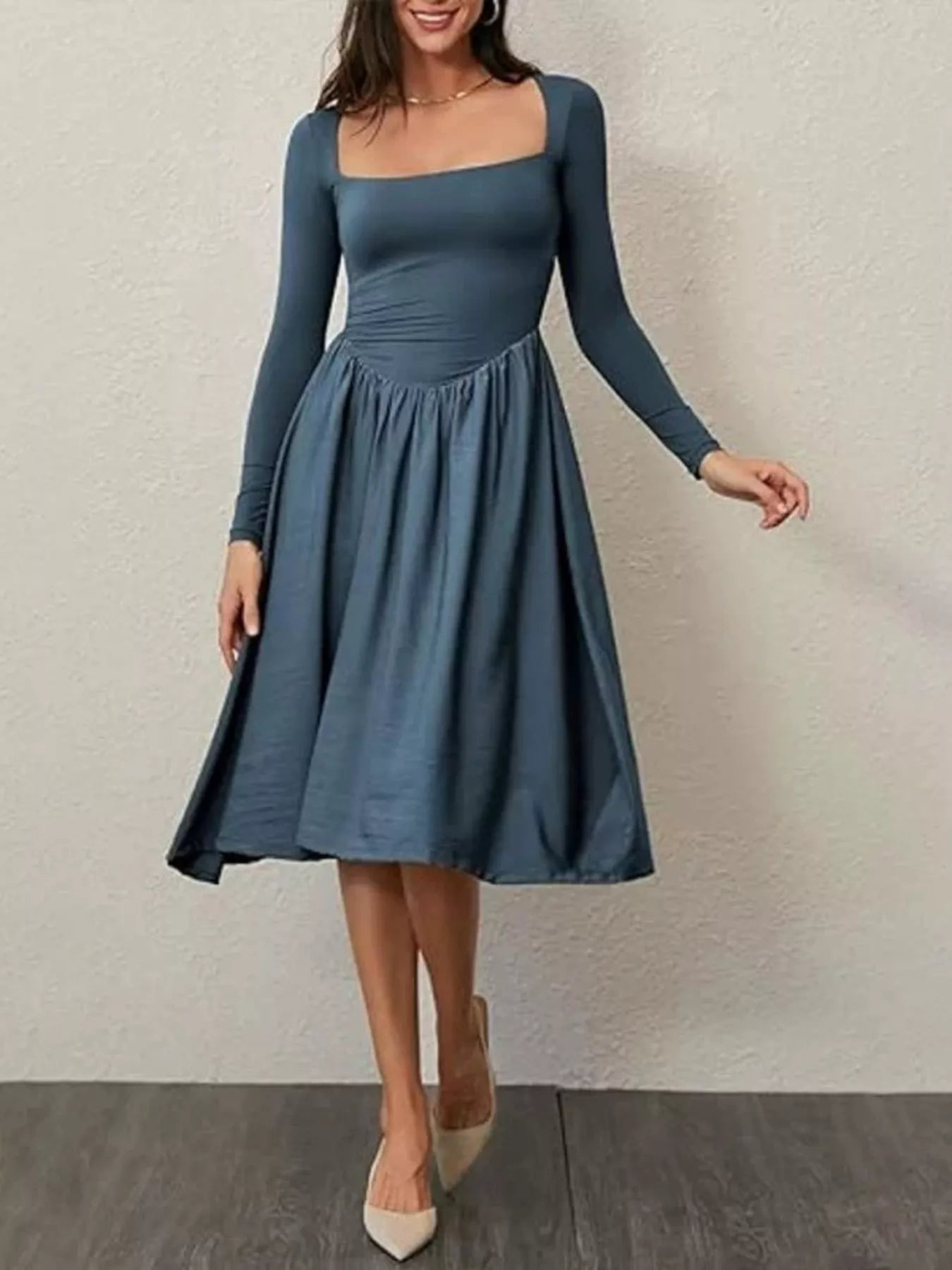 Hazel Blues® |  Square Neck Long Sleeve Midi Dress