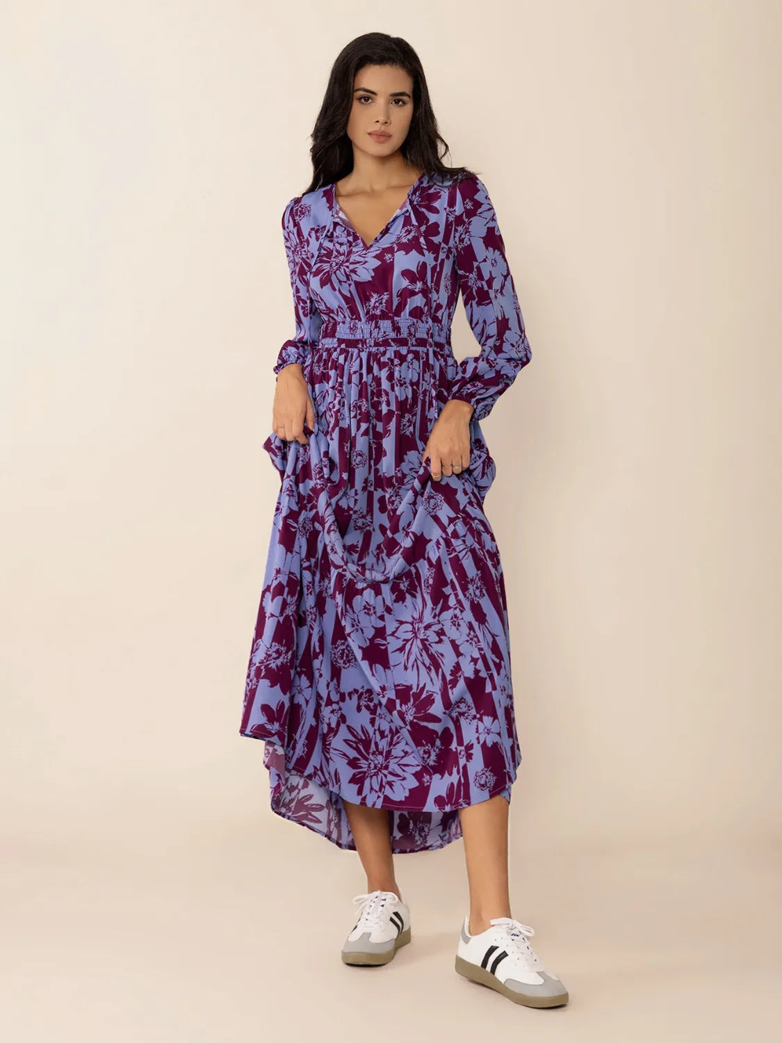 Hazel Blues® |  Printed Tie Neck Balloon Sleeve Maxi Dress