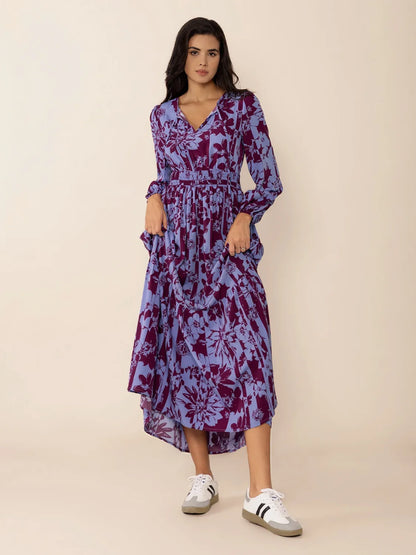 Hazel Blues® |  Printed Tie Neck Balloon Sleeve Maxi Dress