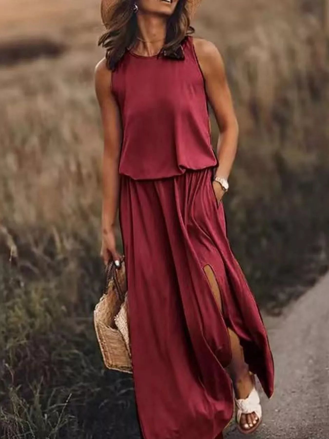 Hazel Blues® | Round Neck Sleeveless Slit Maxi Dress