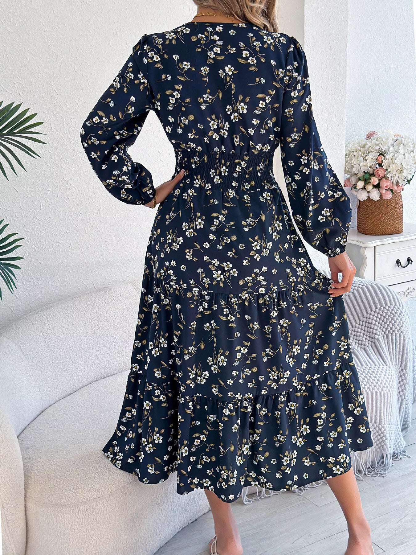 Hazel Blues® |  Floral Print Long Sleeve V-Neck Midi Dress
