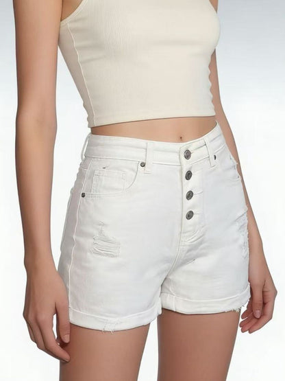 Hazel Blues® |  High-Waisted Button-Fly Distressed Denim Shorts
