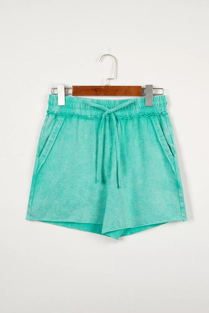 Hazel Blues® |  Mineral Washed Drawstring Elastic Waist Raw Cut Shorts