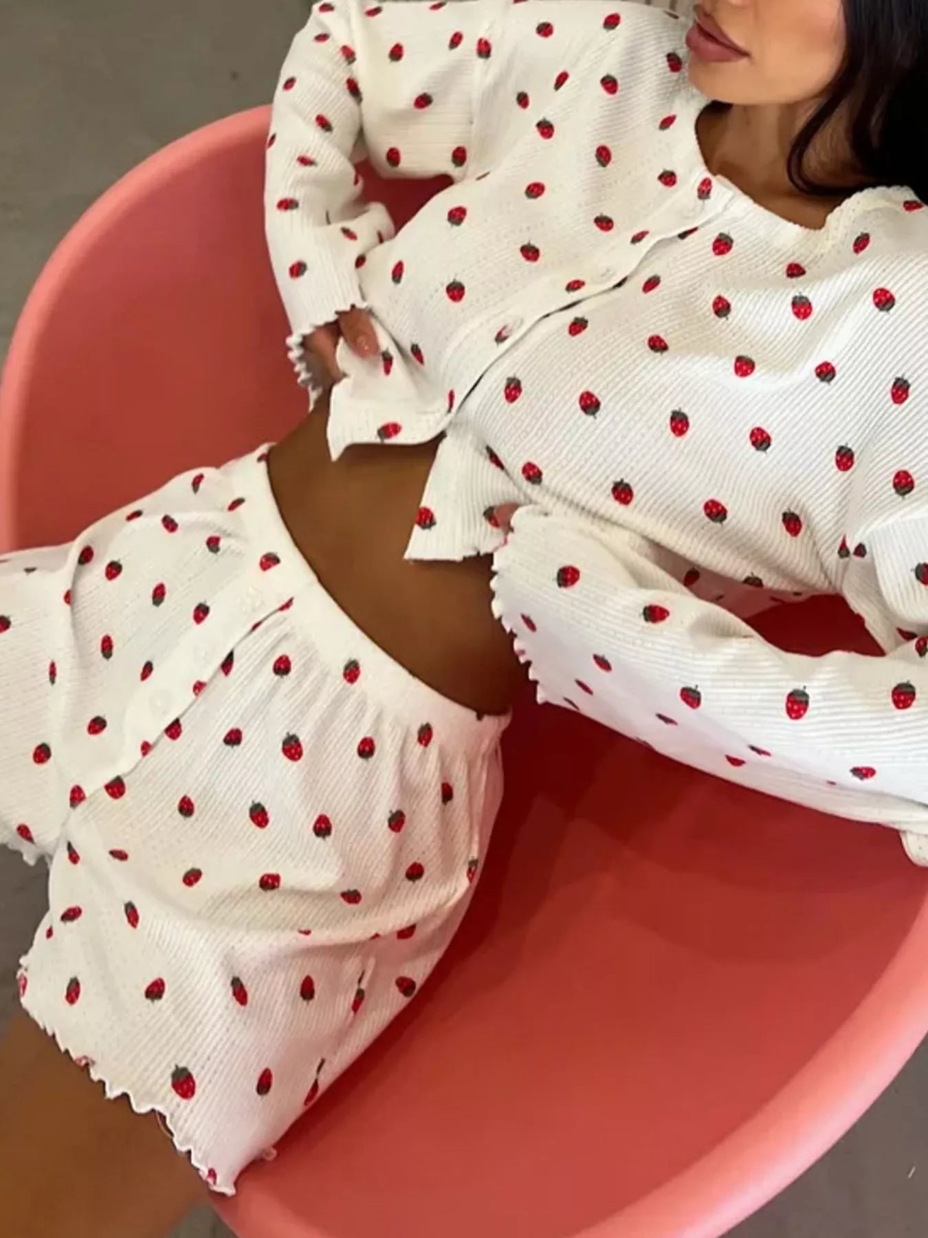 Hazel Blues® |  Strawberry Print Button-Down Top and Shorts Lounge Set