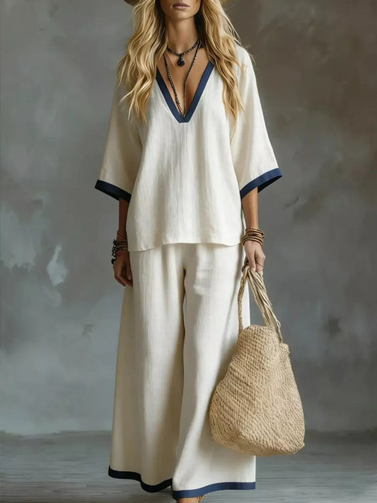 Hazel Blues® |  Contrast Trim V-Neck Top and Pants Set