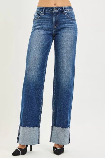 Hazel Blues® |  RISEN Mid Rise Wide Straight Jeans With Wide Cuff