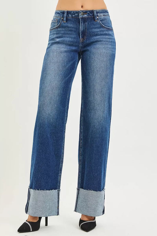 Hazel Blues® |  RISEN Mid Rise Wide Straight Jeans With Wide Cuff