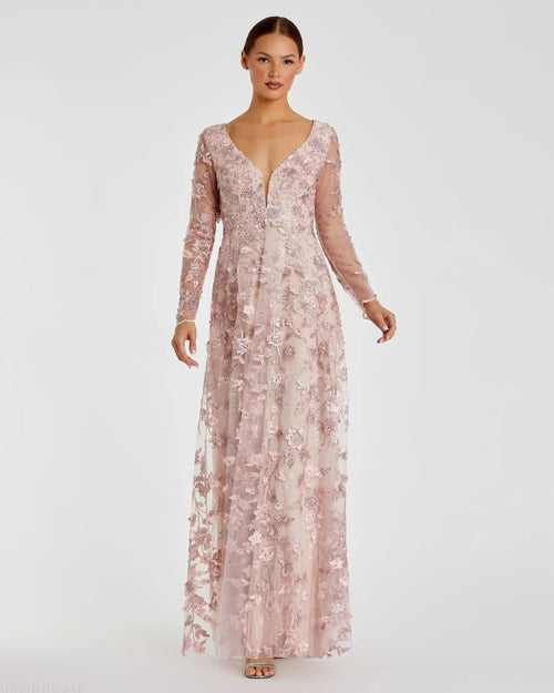 Pink Floral Applique Long Sleeve Illusion Gown