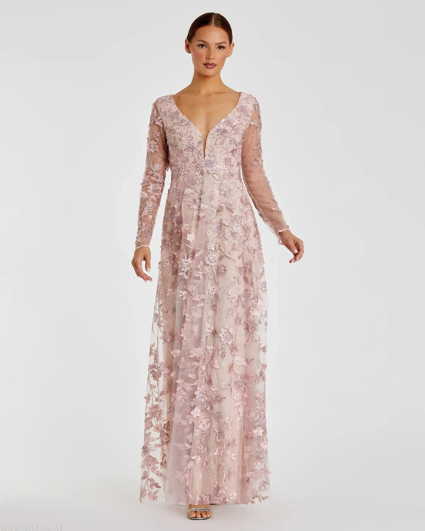 Pink Floral Applique Long Sleeve Illusion Gown