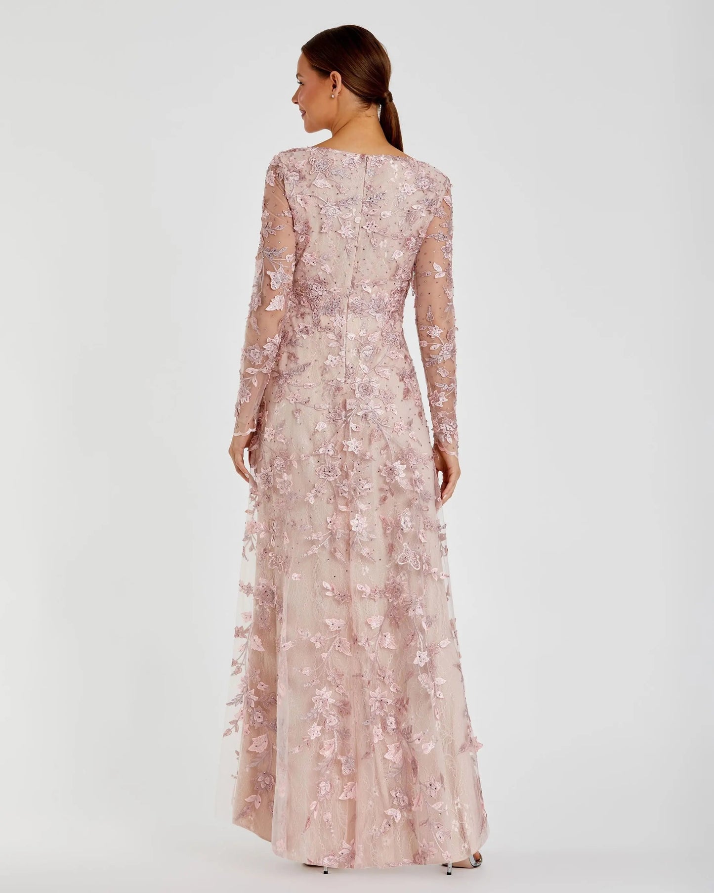 Pink Floral Applique Long Sleeve Illusion Gown