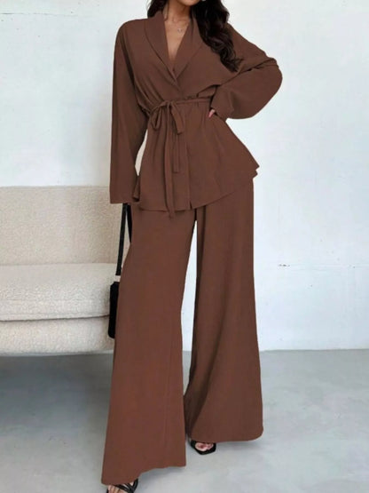 Hazel Blues® |  Front Tied Shirt and Wide-Leg Pants Set