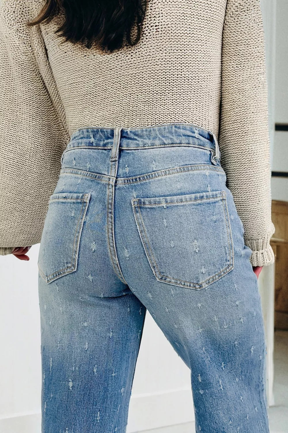 Hazel Blues® |  Distressed Detail Tummy Control Raw Hem Jeans