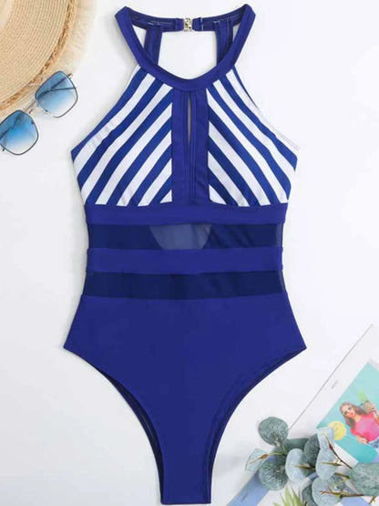Hazel Blues® | Mesh Detail Backless Striped One-Piece Swimsuit