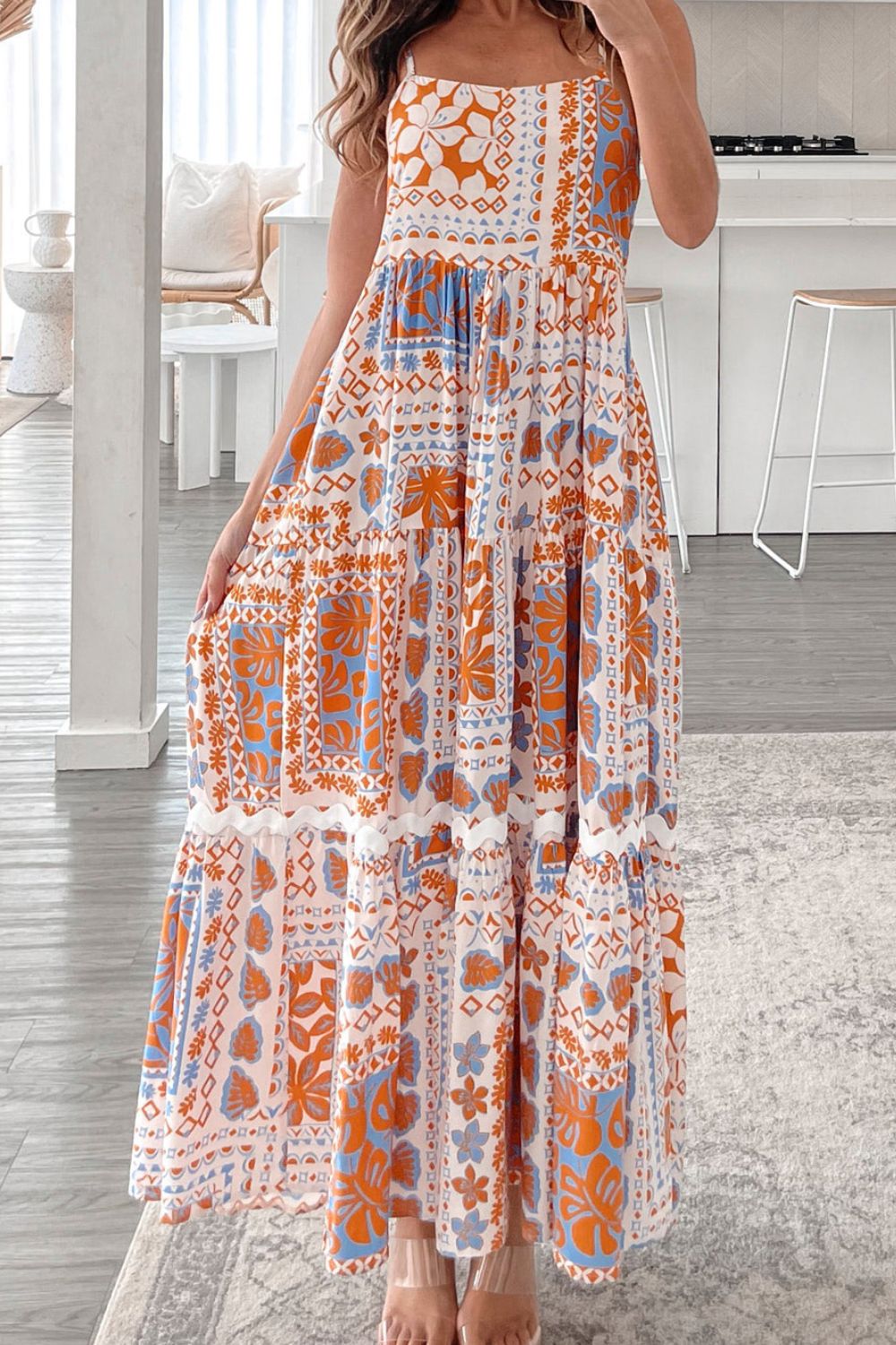 Hazel Blues® |  Printed Smocked Back Ricrac Trim Cami Dress