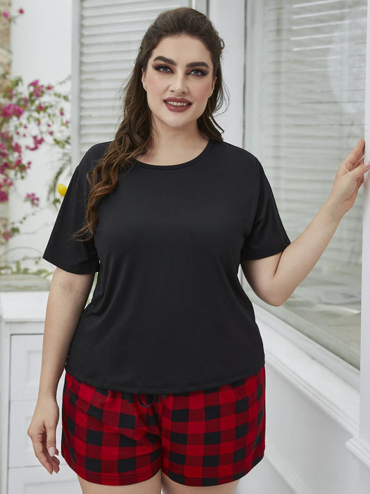 Hazel Blues® | Round Neck Tee Shirt and Plaid Shorts Lounge Set
