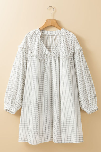 Hazel Blues® |  Frill Plaid Notched Balloon Sleeve Mini Dress