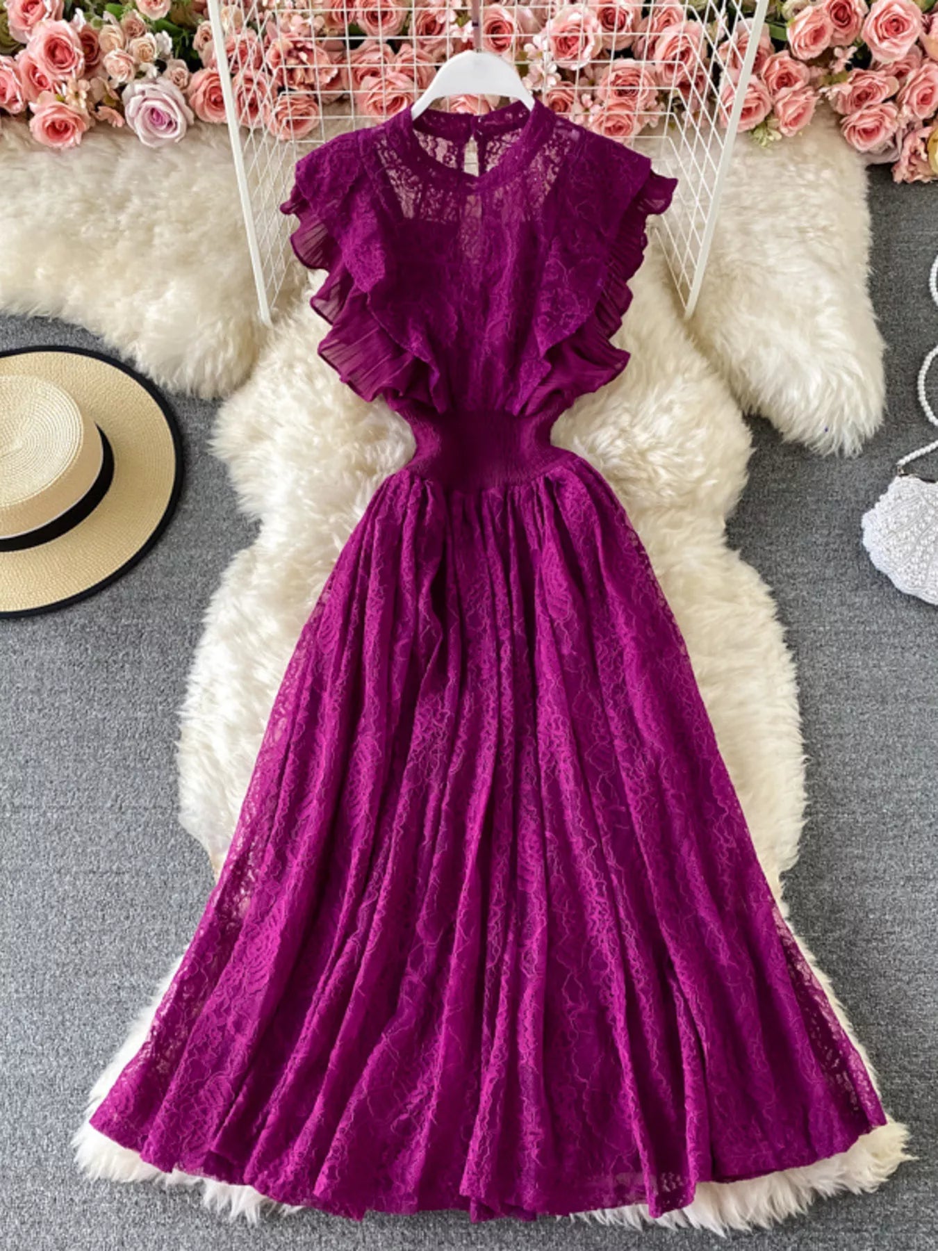 Hazel Blues® |  Ruffled Mock Neck Lace Maxi Dress