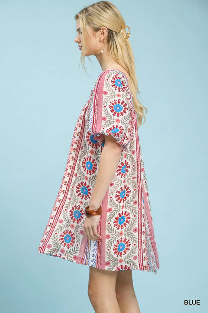 Hazel Blues® |  Umgee Mixed Print Puff Sleeve Mini Dress