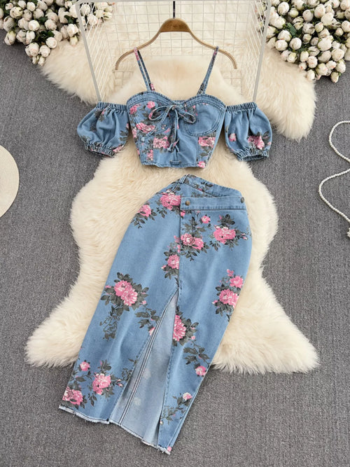 Hazel Blues® |  Floral Print Sweetheart Neck Cami and Skirt Denim Set