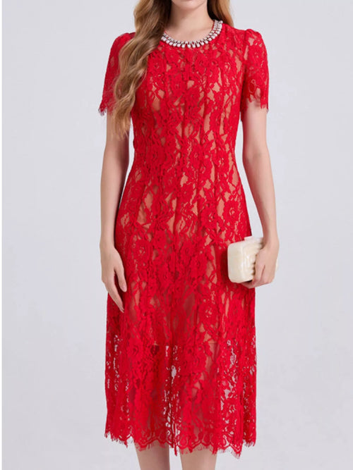Hazel Blues® |  Lace Pearl Neckline Midi Dress
